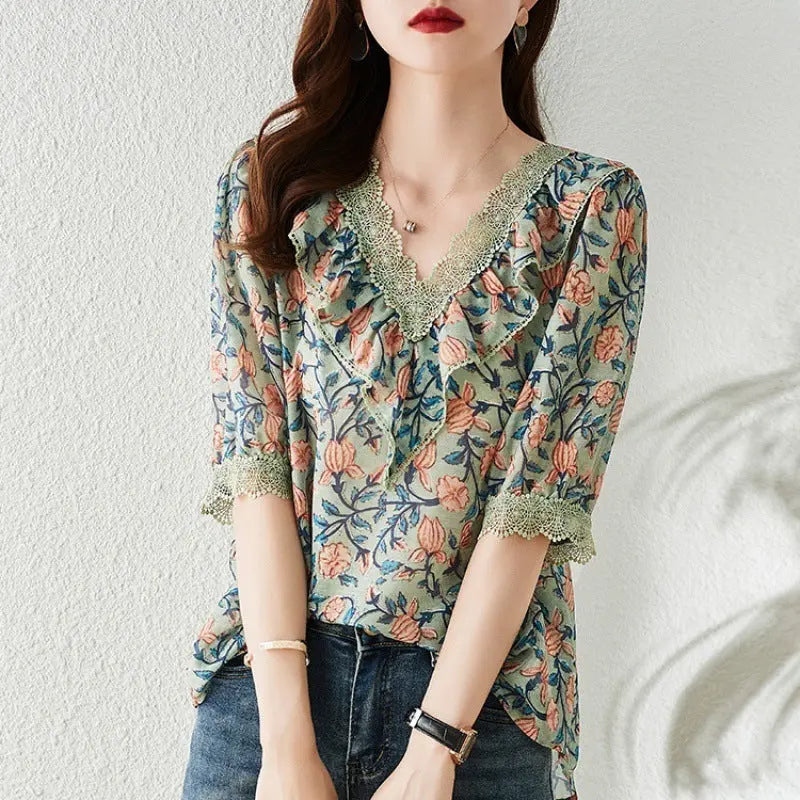 V-neck Floral Chiffon Shirt For Women - Rehmiar