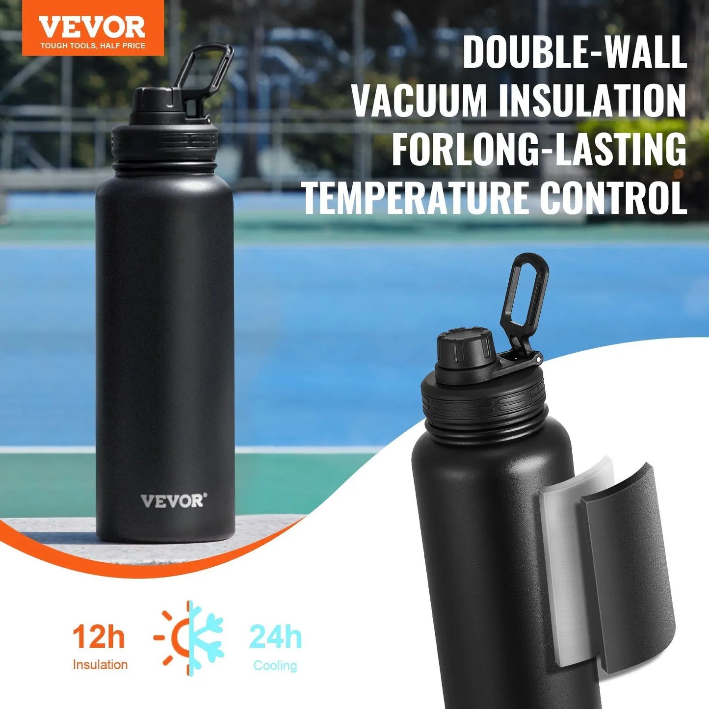 40 Oz Insulated Water Bottle Stainless Steel With Wide Mouth Lid Black - Rehmiar