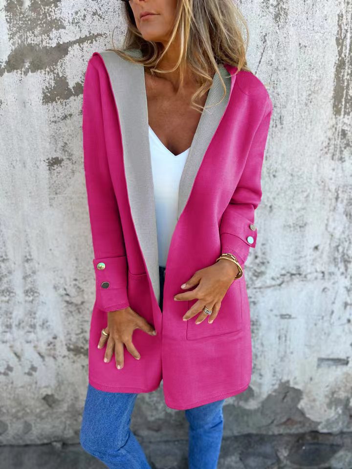 European And American Spring New Women's Clothing Casual Contrast Color Sweater Cardigan Hooded Coat