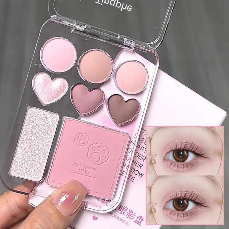 8-color Pearl Glitter Matte Peach Pink Blusher Highlight Eye Shadow All-in-one Plate Korean Makeup Pink Orange Eyeshadow