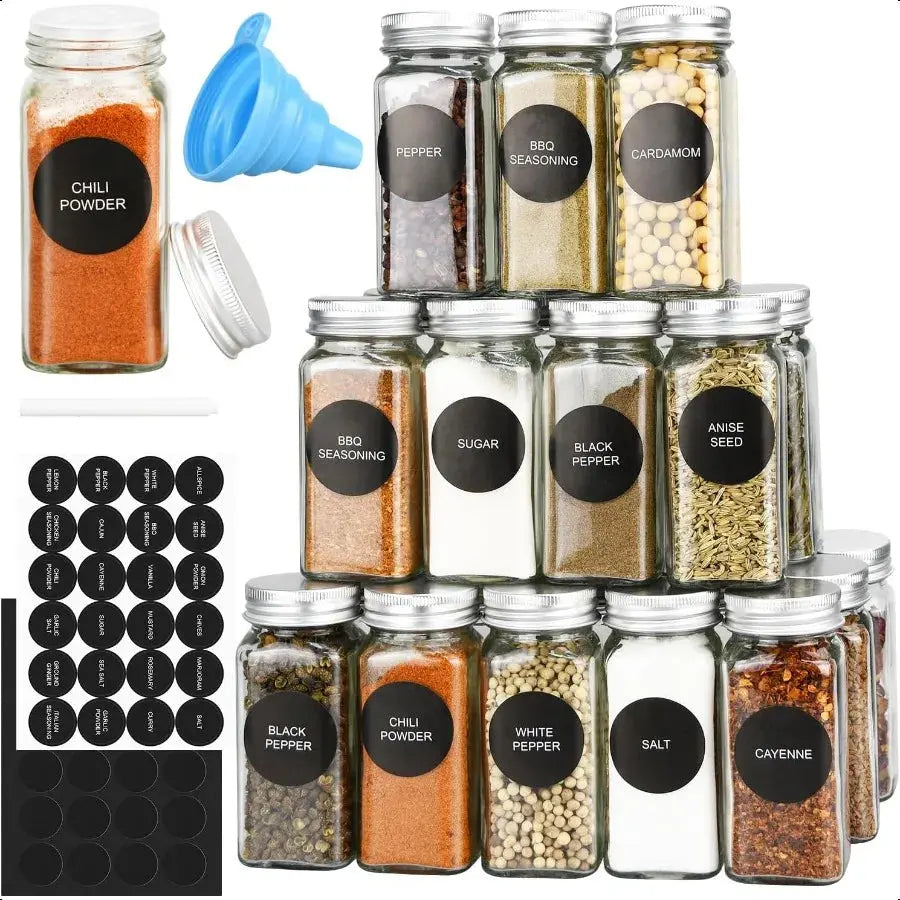 Glass Spice Jars with Shaker Lids Metal Caps Containing Labels - Rehmiar