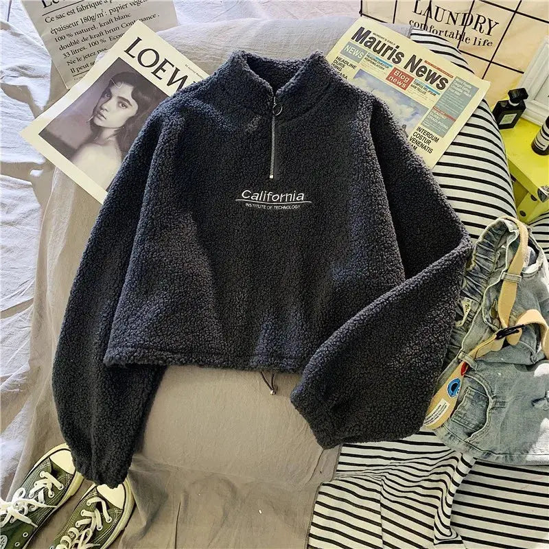 Women Stand Neck Fleece Cropped Autumn Hoodies Letter Embroidery Long Sleeve Drawstring Sweatshirt Elegant Plush Velvet Tops - Rehmiar