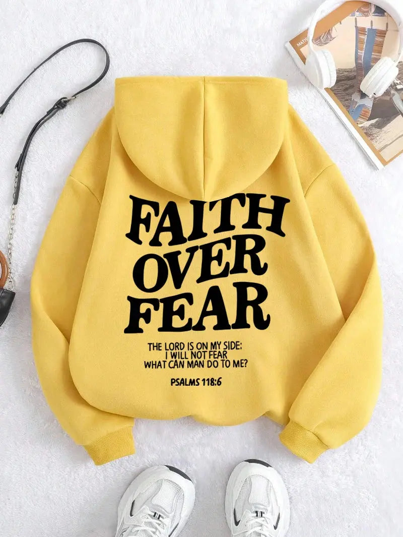 Casual Women's Hoodies Faith Over Fear Letter Printing Sweatshirts Fleece Warm Comfortable Pocket Pullovers Autumn Streetwear - Rehmiar