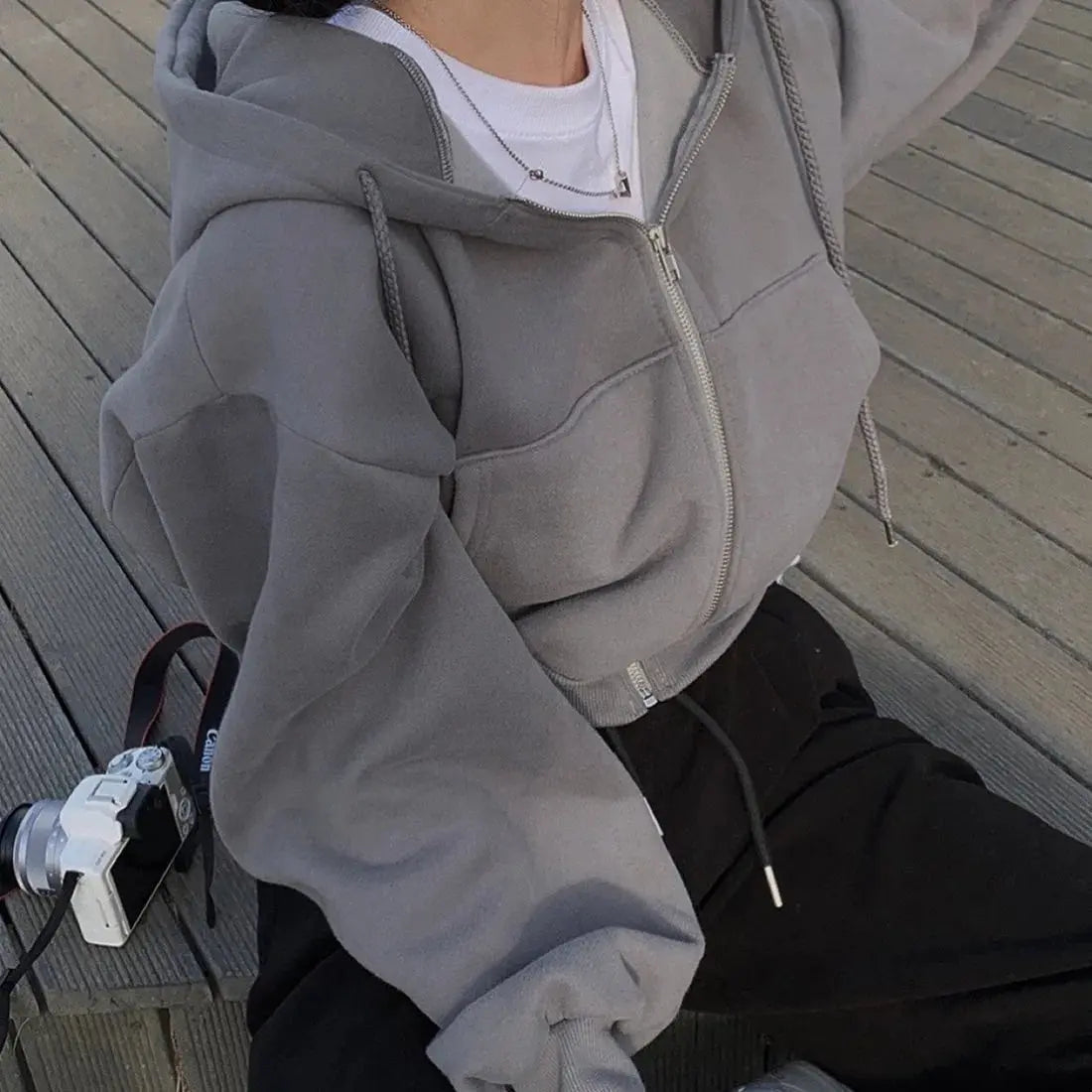 Casual Hood Sweatshirt Women Zip Up Hoodies Solid Long Sleeve Shirt Oversized Crop Top - Rehmiar