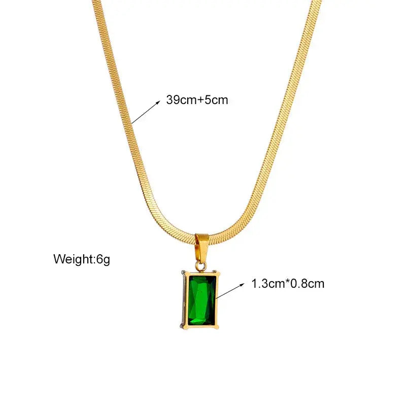 AKOL 316L Stainless Steel Rectangle Green Crystal Zircon Pendant Necklace Earrings for Women Fashion