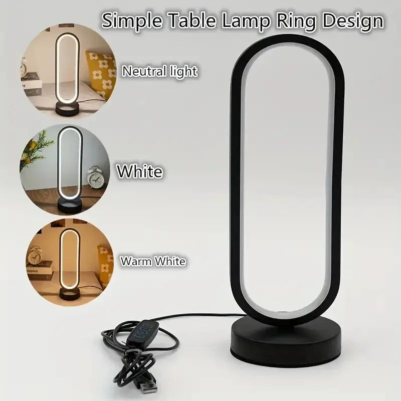 USB Dimming LED Table Lamp – Small Ring Night Light for Bedroom, Living Room & Bedside, Black and White - Rehmiar