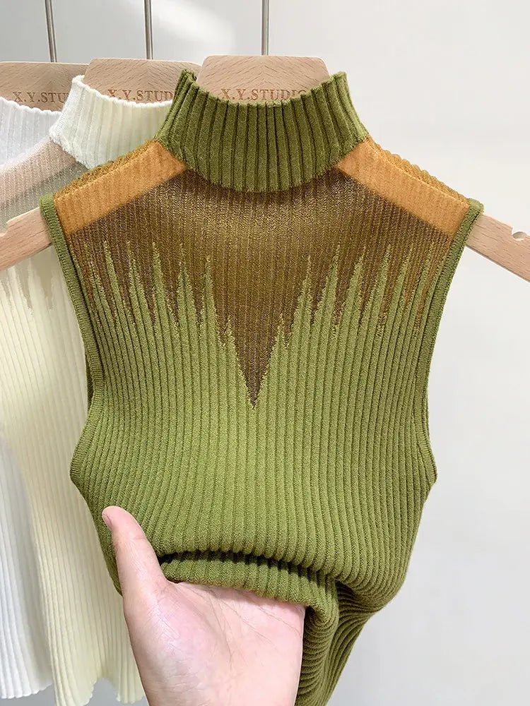 Mesh Knitted Tank Top Women – Y2K Half Neck Sleeveless Vest, Cut Out Streetwear, Solid Skinny Tube Top