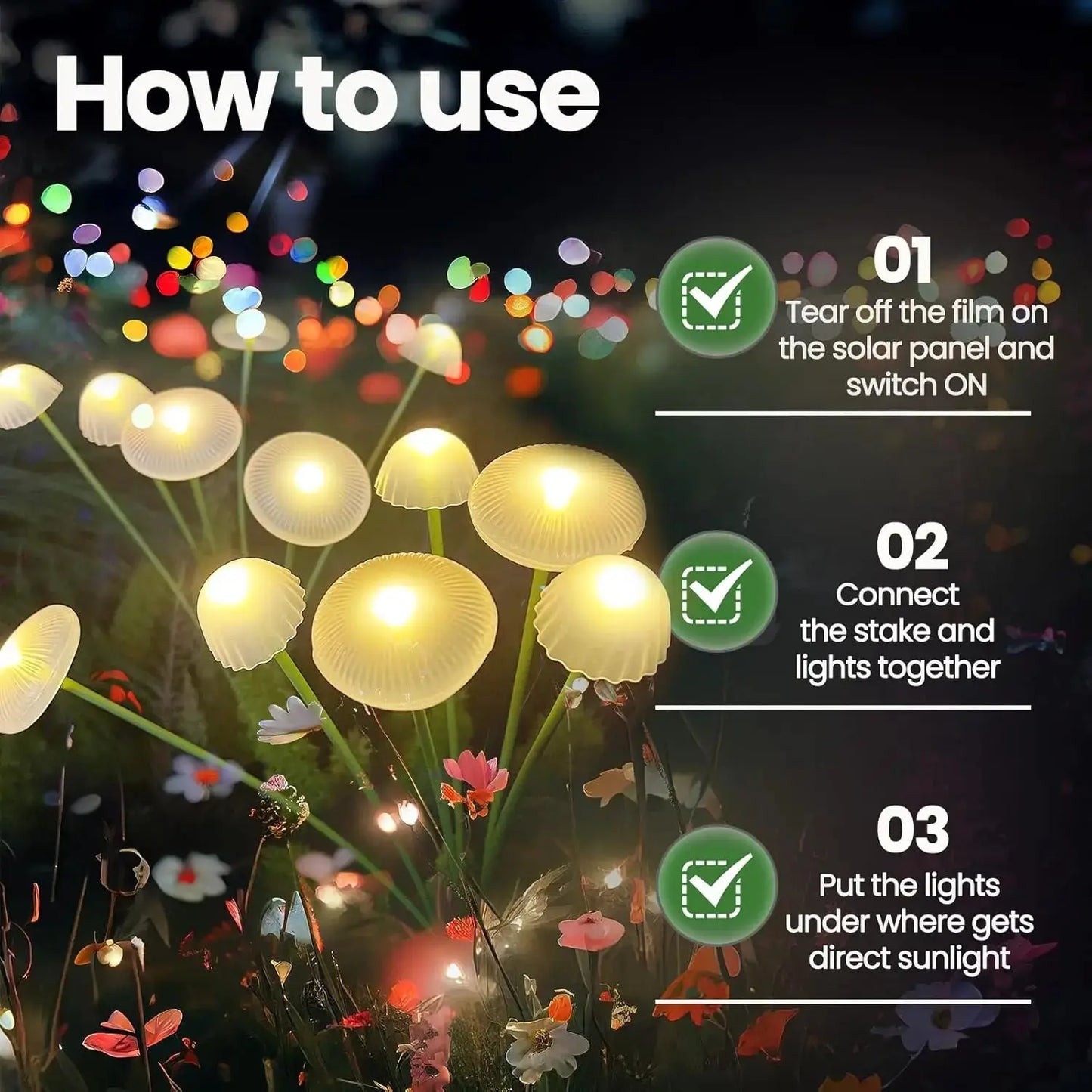 Instructions on how to use solar mushroom lights with a blurred night scene in the background.