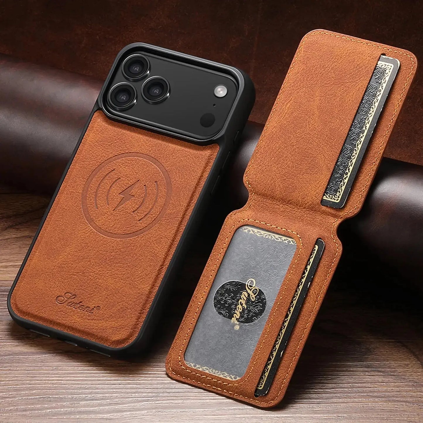 SUTENI Wireless Charging Phone Case Magnet Card Holder Stand Faux Leather For iPhone 17 Pro Max 16 Plus 15 14 13 12 - Rehmiar