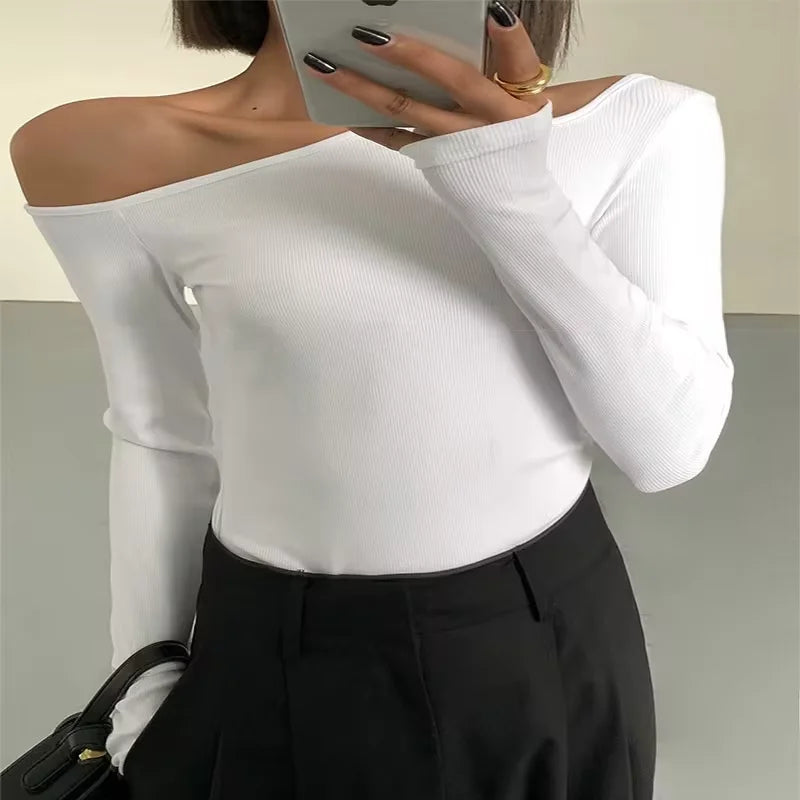 Fashion Skew Collar Off-shoulder Long-sleeved T-shirt - Rehmiar