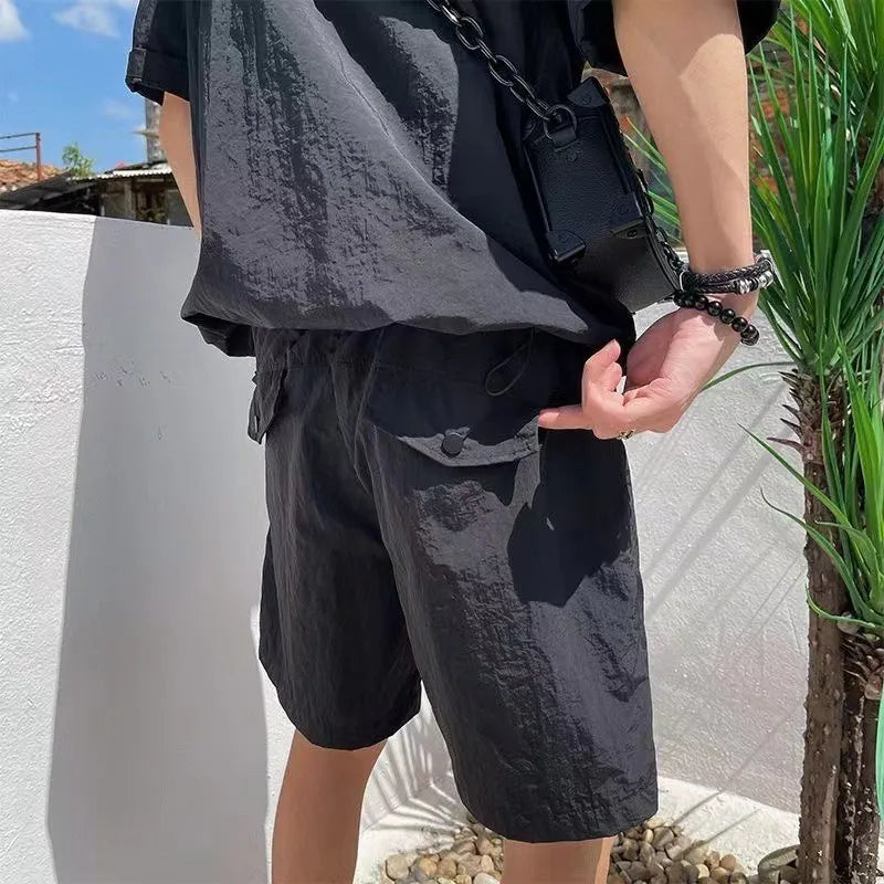 Summer Cargo Style Set Men's Casual Hooded Solid Short Sleeve