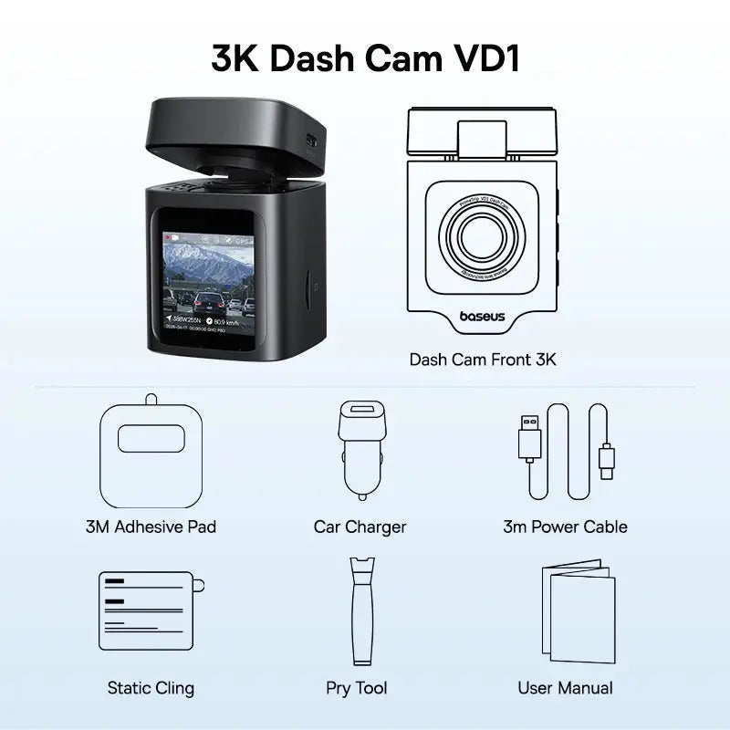 Baseus VD1 3K Dash Cam Front and Rear GPS Supercapacitor Car DVR Camera Support 24H Parking - Rehmiar