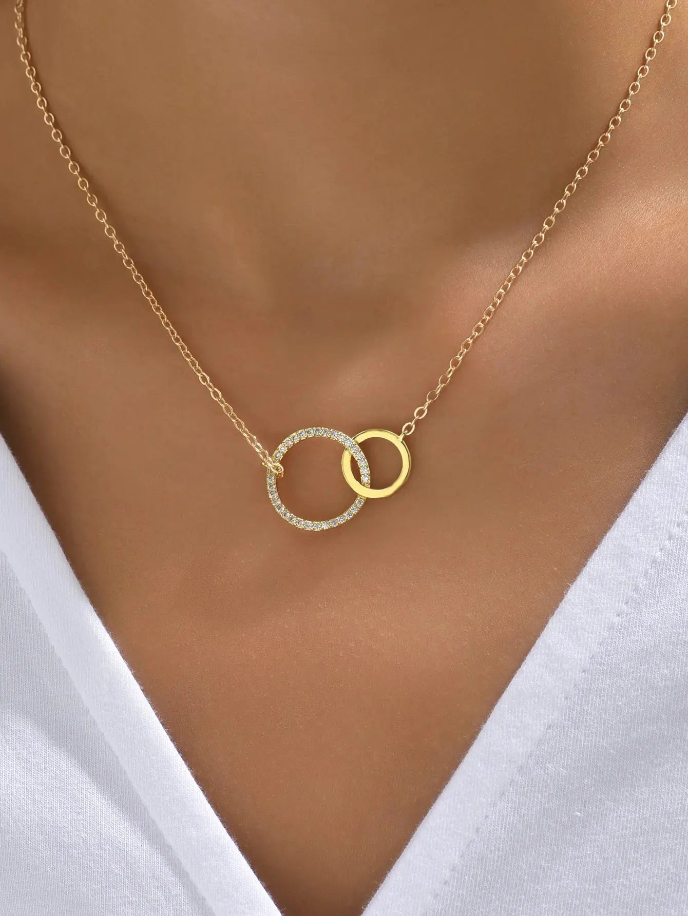 Stainless Steel Thin Chain Minimalist Dainty Double Circle Pendant Necklace - Rehmiar