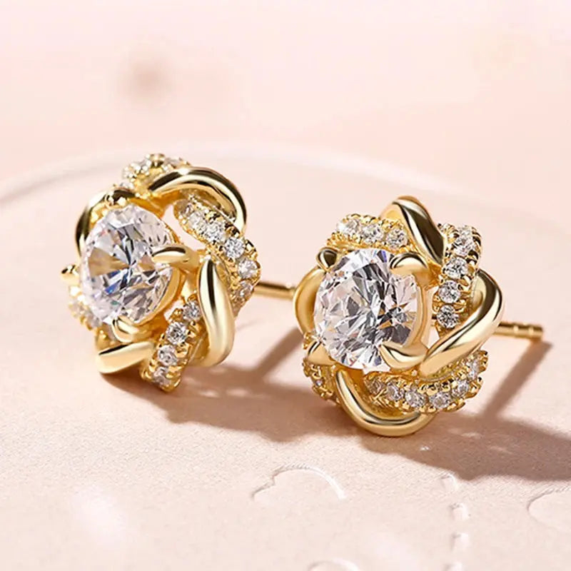 Gold Colour Cubic Zirconia Stud Earrings for Women Luxury Jewellery