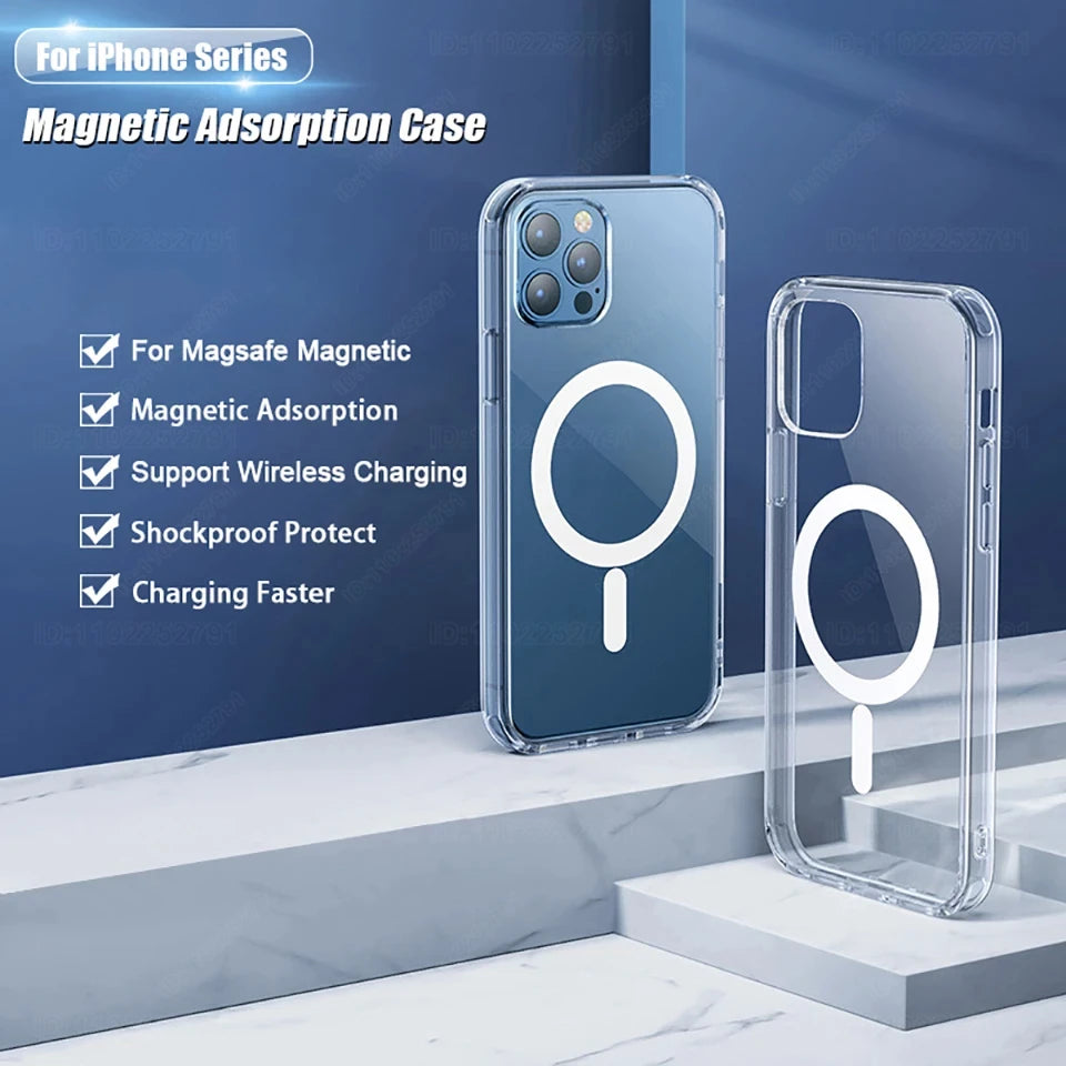 for Magsafe Magnetic Wireless Charge Phone Case for iPhone 15 14 13 12 11 16 Pro Max Mini Xs XR 8 Plus Hard Acrylic Clear Cover