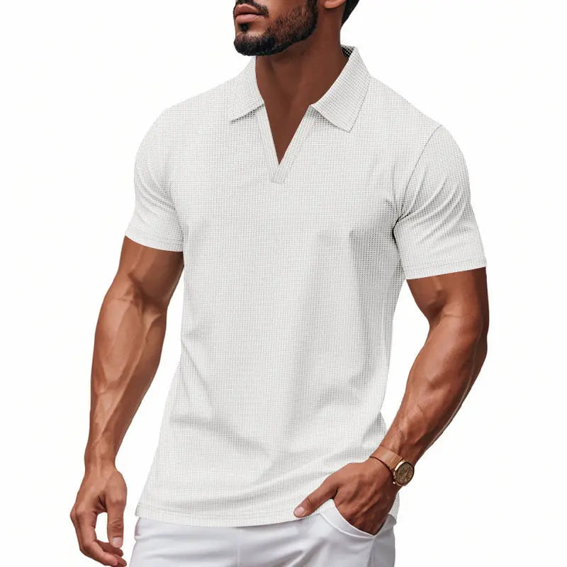 Summer Men's Loose Leisure Sports V-neck Waffle Short Sleeve Lapel Polo Shirt Men - Rehmiar