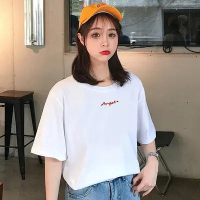 Letter Printed Cotton Half Sleeve Bottoming T-shirt - Rehmiar