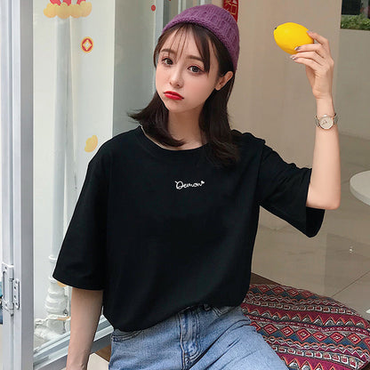 Letter Printed Cotton Half Sleeve Bottoming T-shirt - Rehmiar