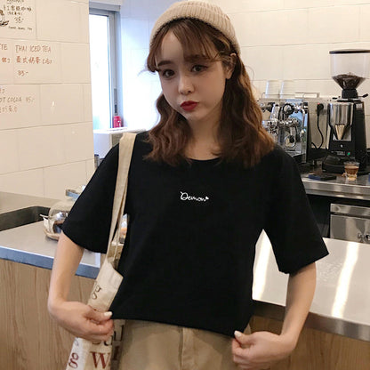 Letter Printed Cotton Half Sleeve Bottoming T-shirt - Rehmiar