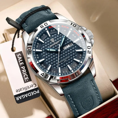 POEDAGAR Men’s Luxury Quartz Watch – Waterproof Luminous Leather with Day & Date Rehmiar