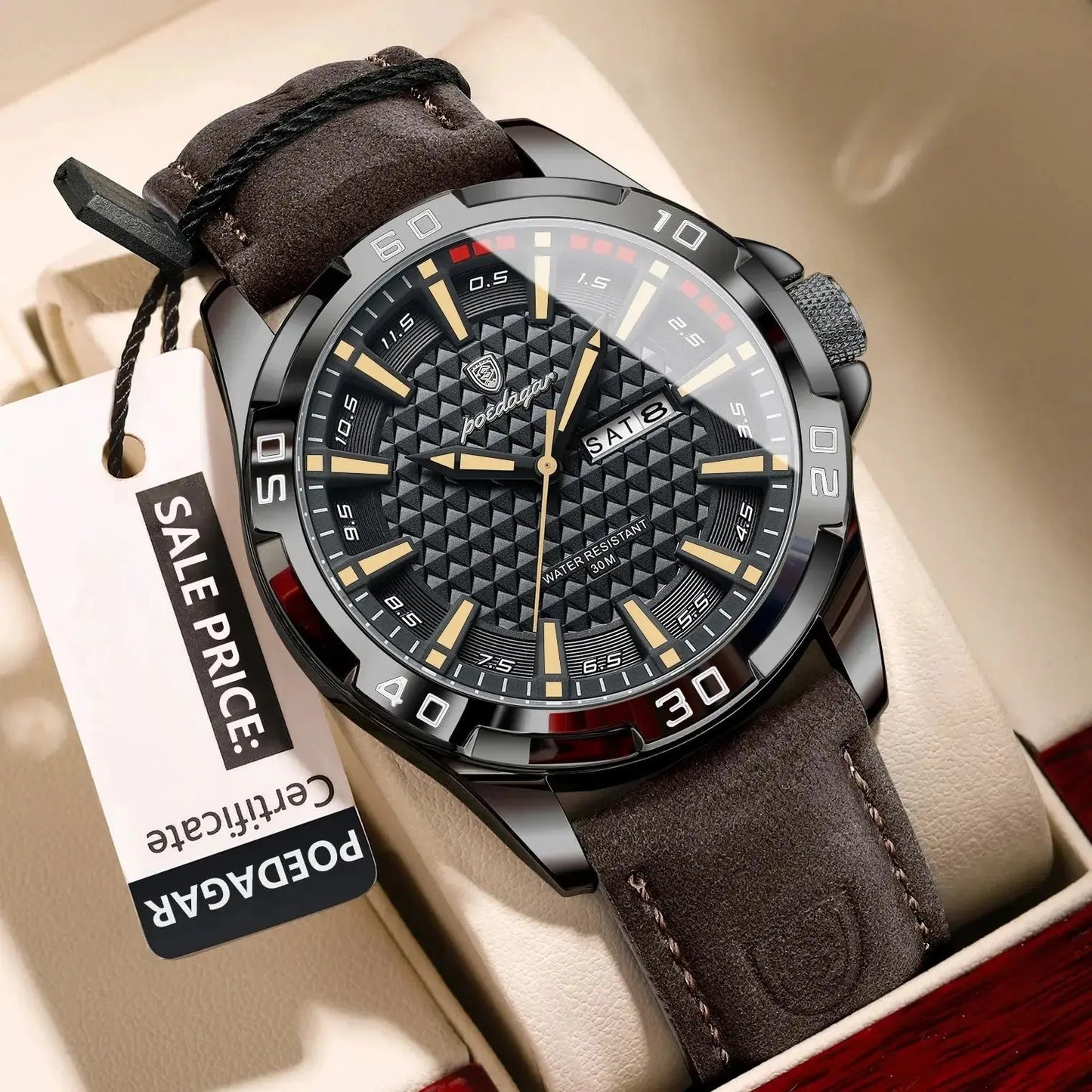 POEDAGAR Men’s Luxury Quartz Watch – Waterproof Luminous Leather with Day & Date Rehmiar