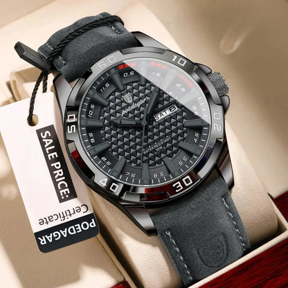 POEDAGAR Men’s Luxury Quartz Watch – Waterproof Luminous Leather with Day & Date Rehmiar