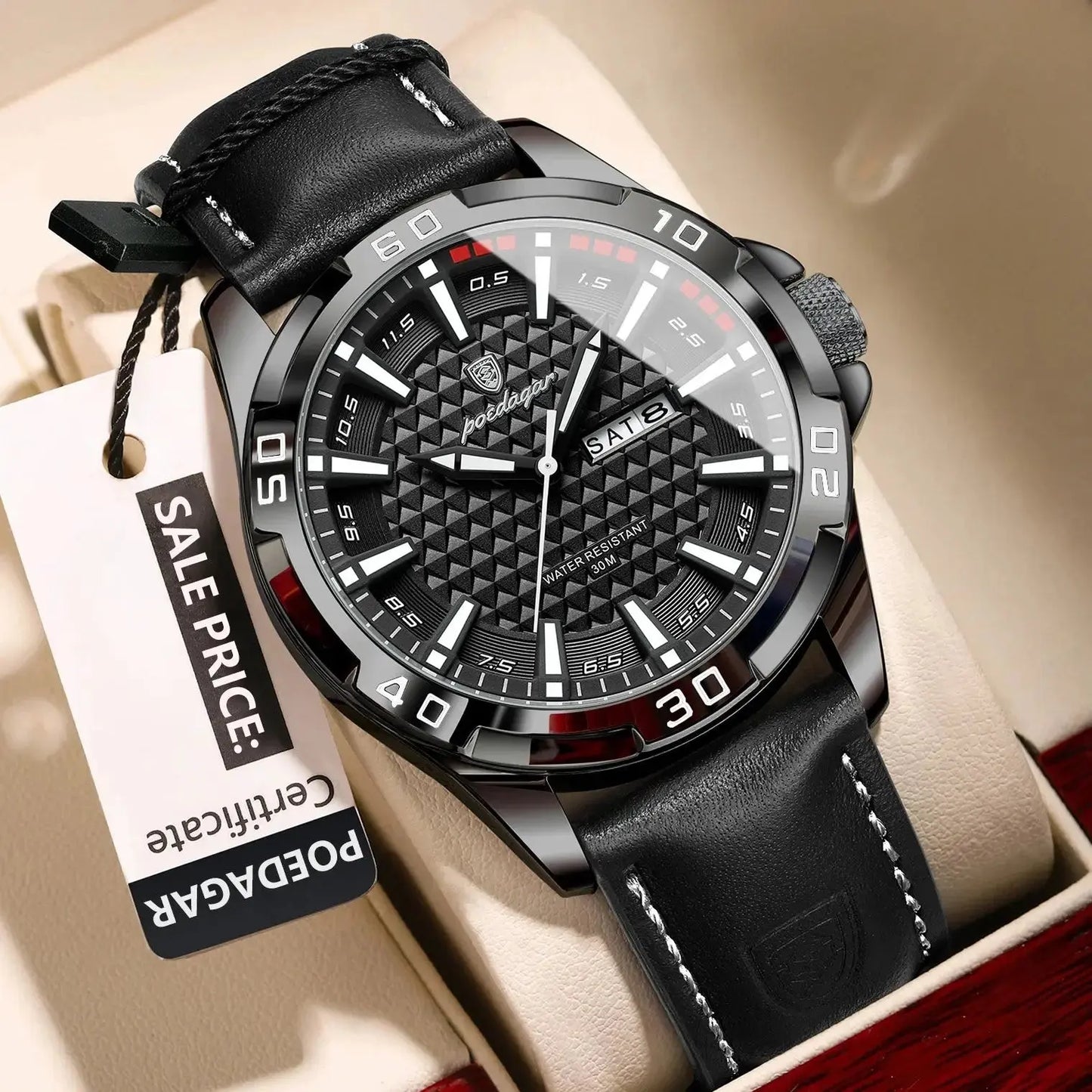 POEDAGAR Men’s Luxury Quartz Watch – Waterproof Luminous Leather with Day & Date Rehmiar