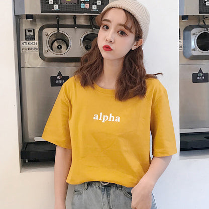 Letter Printed Cotton Half Sleeve Bottoming T-shirt - Rehmiar