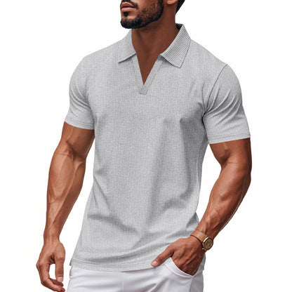 Summer Men's Loose Leisure Sports V-neck Waffle Short Sleeve Lapel Polo Shirt Men - Rehmiar