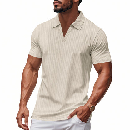 Summer Men's Loose Leisure Sports V-neck Waffle Short Sleeve Lapel Polo Shirt Men - Rehmiar