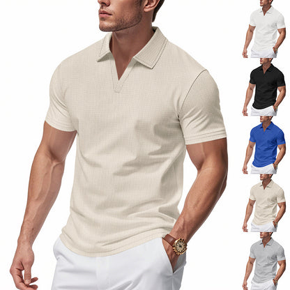Summer Men's Loose Leisure Sports V-neck Waffle Short Sleeve Lapel Polo Shirt Men - Rehmiar