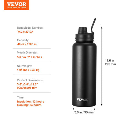 40 Oz Insulated Water Bottle Stainless Steel With Wide Mouth Lid Black - Rehmiar