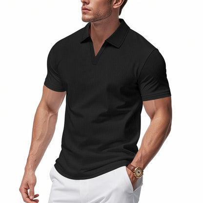 Summer Men's Loose Leisure Sports V-neck Waffle Short Sleeve Lapel Polo Shirt Men - Rehmiar