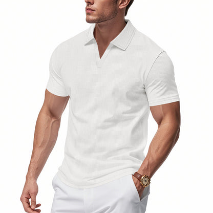 Summer Men's Loose Leisure Sports V-neck Waffle Short Sleeve Lapel Polo Shirt Men - Rehmiar