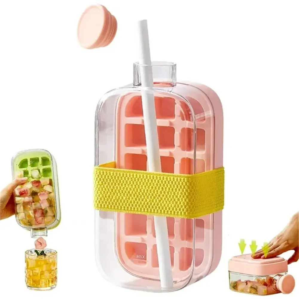 2-in-1 Ice Cube Making Water Bottle with Straw – Touch-Free Push-Type Easy Release Ice Mold - Rehmiar
