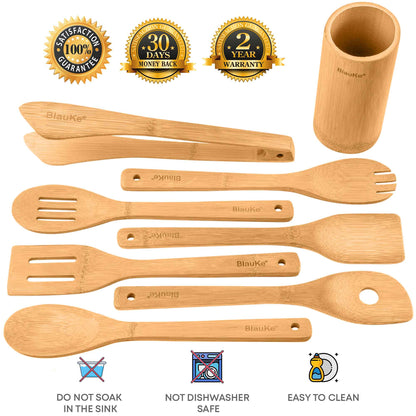 Bamboo Kitchen Utensils Set 8-Pack - Wooden Cooking Utensils for - Rehmiar