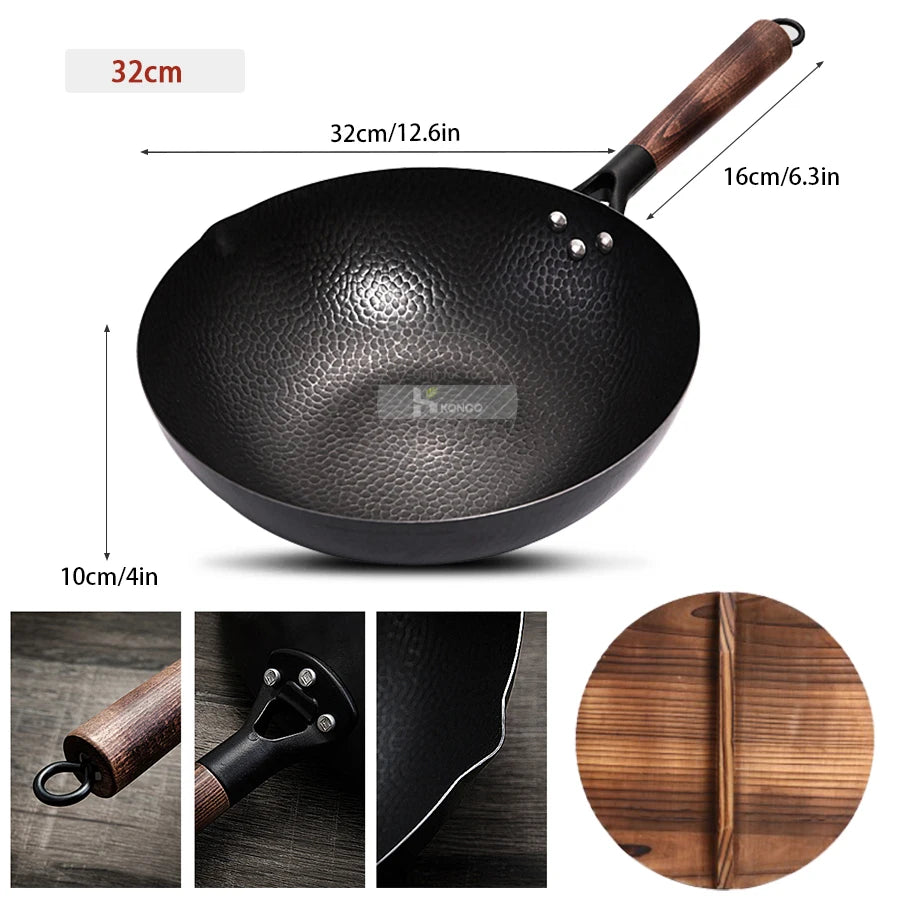 Pure Iron wok cast iron pan Non-coated Pot General use for Gas and Induction Cooker 32cm Chinese Wok Cookware Pan Rehmiar