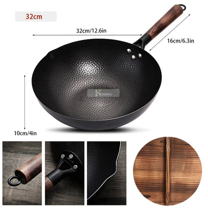 Pure Iron wok cast iron pan Non-coated Pot General use for Gas and Induction Cooker 32cm Chinese Wok Cookware Pan Rehmiar