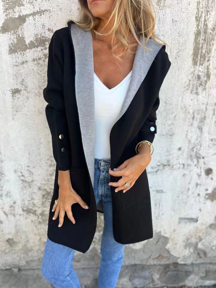 European And American Spring New Women's Clothing Casual Contrast Color Sweater Cardigan Hooded Coat