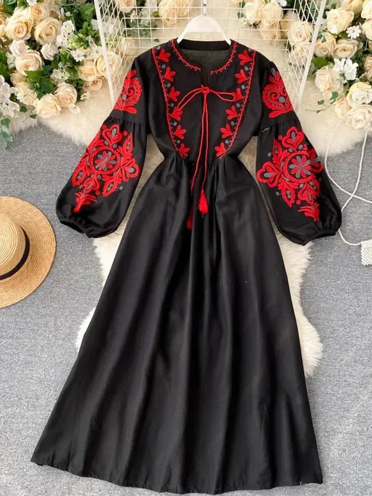 Women’s Bohemian Embroidered Autumn Dress – O-Neck Lantern Sleeves, High-Waist Pleated Design - Rehmiar