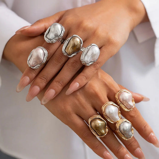 Semi Baroque Imitation Pearl Alloy Open Adjustable Rings for Women