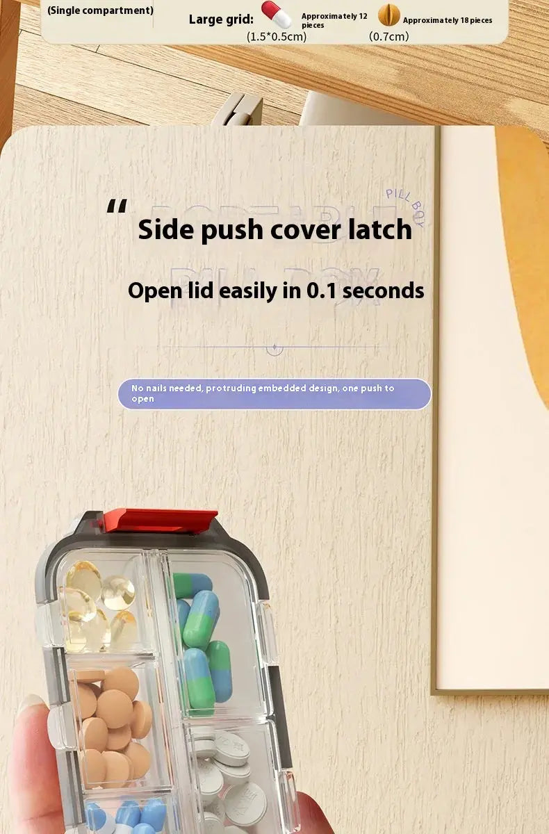 Small pill organizer with side push cover latch on a wooden surface