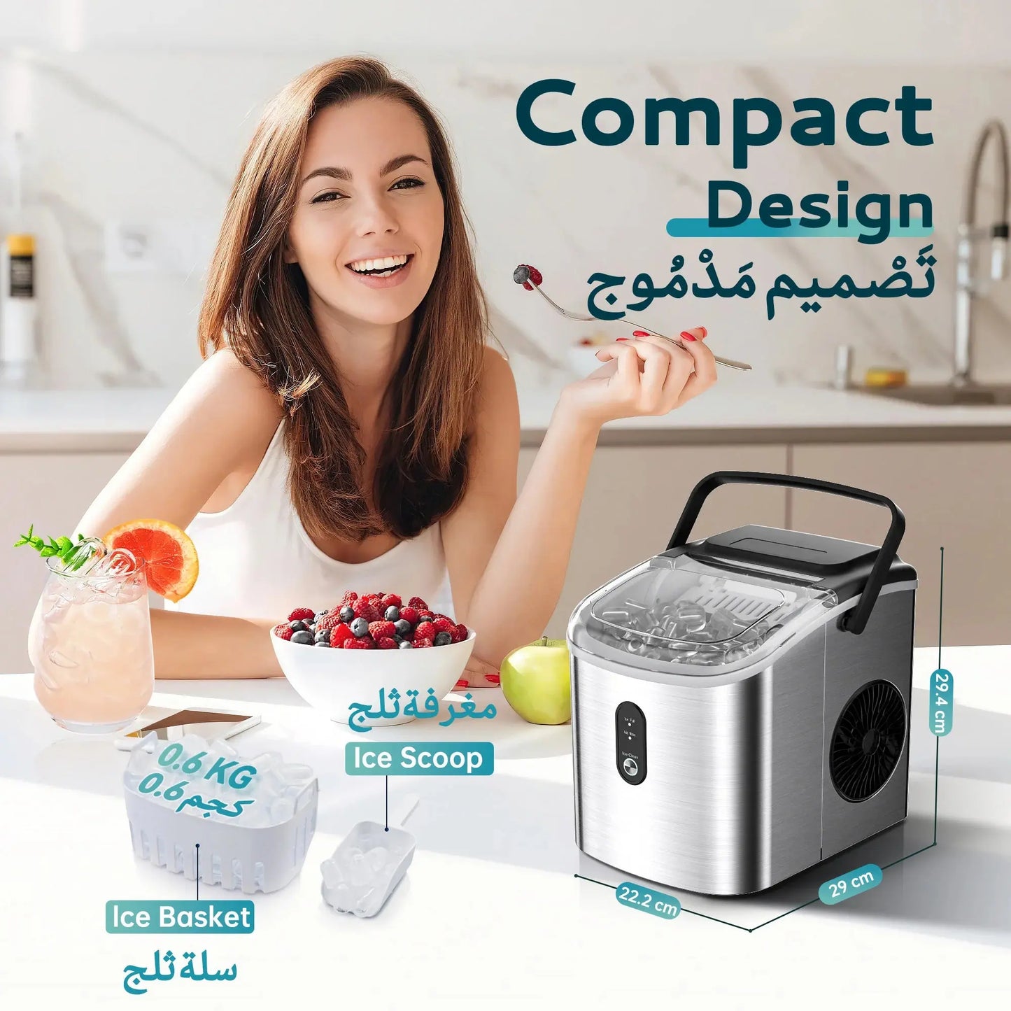 EUHOMY Portable Ice Maker – 12kg/24h Production, Bullet Ice Machine with Self-Cleaning Function for Home, Office & Shop