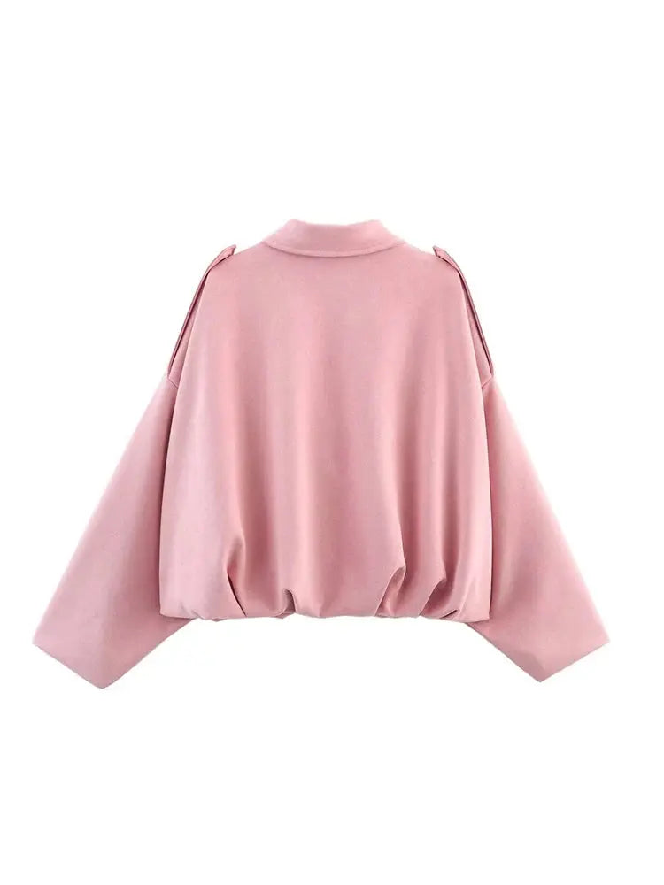 Women's Suede Bomber Jacket – Long Sleeve Zipper Oversize Solid Coat, Chic Streetwear - Rehmiar
