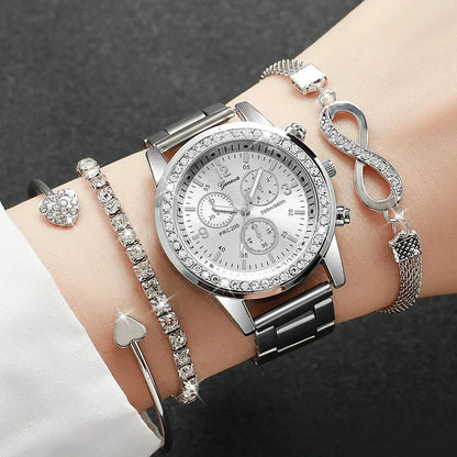 4PCS Set Rhinestone Luxury Steel Band Ladies Quartz Women Watches with Bracelets Set - Rehmiar