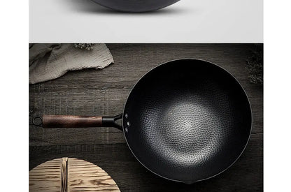 32cm Carbon Steel Wok Pan – Non-Stick Flat Bottom Stir Fry Wok with Wooden Lid for Electric Induction and Gas Stove - Rehmiar