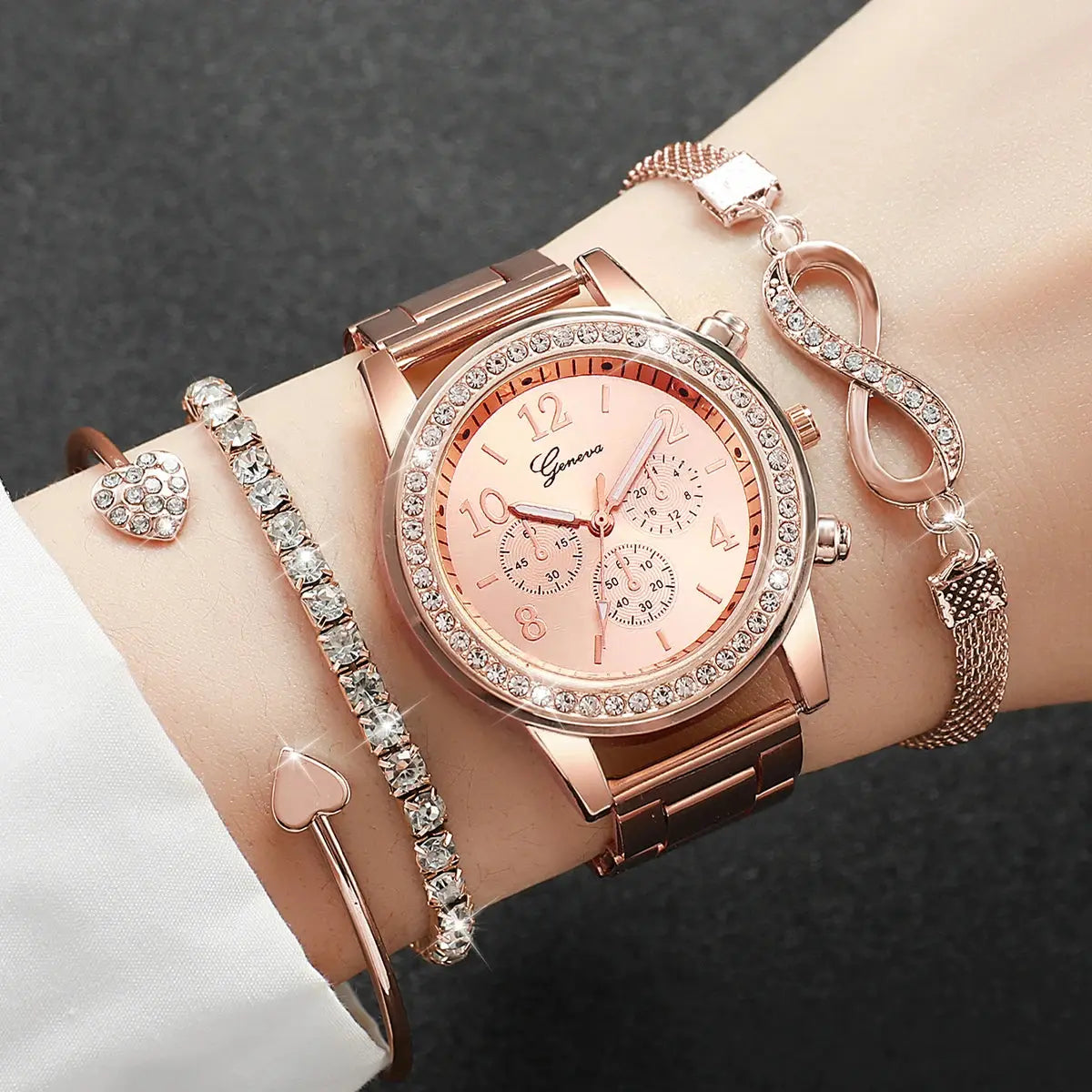 4PCS Set Rhinestone Luxury Steel Band Ladies Quartz Women Watches with Bracelets Set - Rehmiar