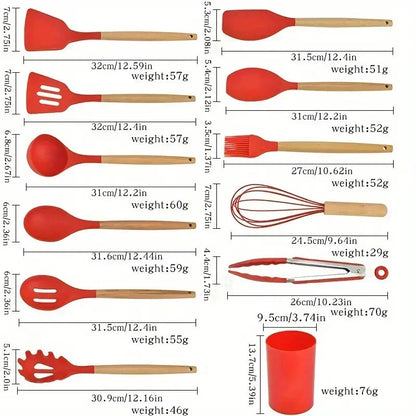 12pcs Set of Multi-color Silicone Wooden Handle Kitchenware Set Non Stick Pot Spatula and Spoon Cooking Utensils, Heat-resistant Rehmiar