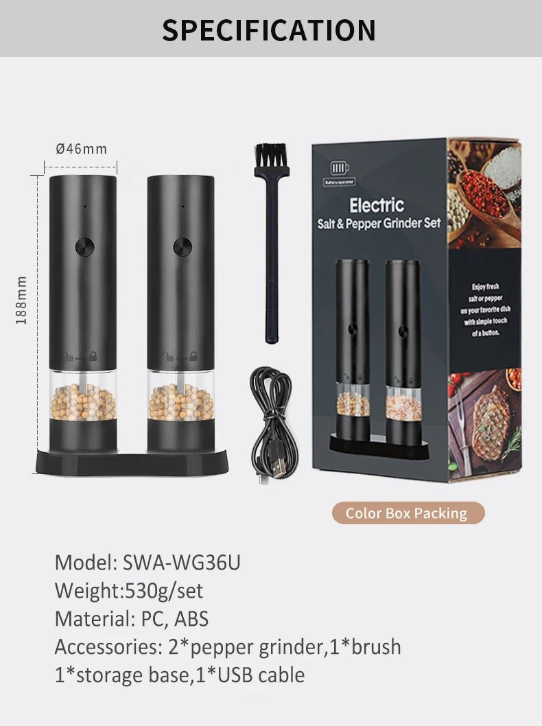 USB Rechargeable Electric Salt and Pepper Grinder – Adjustable Coarseness, Large Capacity Auto Spice Mill for Kitchen Cooking