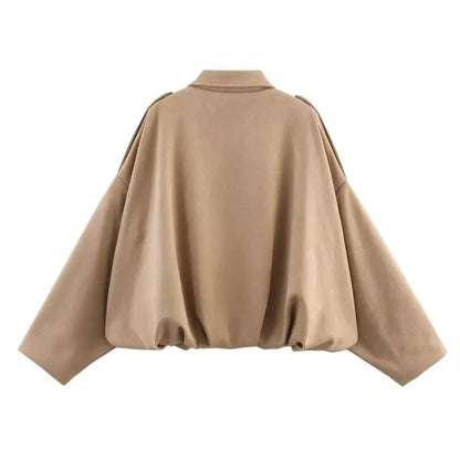 Women's Suede Bomber Jacket – Long Sleeve Zipper Oversize Solid Coat, Chic Streetwear - Rehmiar